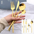 24-Piece Cutlery Set with Black Handles and Gold Details, Stainless Steel Knife, Fork, and Spoon, Table Cutlery, Kitchen Set, Dinnerware.