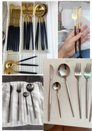 24-Piece Cutlery Set with Black Handles and Gold Details, Stainless Steel Knife, Fork, and Spoon, Table Cutlery, Kitchen Set, Dinnerware.