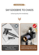 Non-drill wall-mounted hair dryer holder, for storing and placing a hair dryer in the bathroom, and multifunctional storage holder.