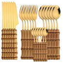 24Pcs Bamboo Tableware Sets Stainless Steel Bamboo Cutlery Set Purely Natural Handle Flatware Set Dinnerware Steak Knife Cutlery.