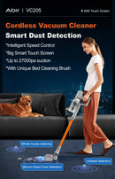 ABIR VC205 Cordless Portable Vacuum Cleaner, 27,000PA, Touch Screen, Smart Dust Sensor, Automatic Speed Control for Cleaning Beds and Carpets at Home, Intelligent Detection. Visible Performance.