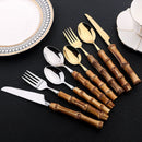 24Pcs Bamboo Tableware Sets Stainless Steel Bamboo Cutlery Set Purely Natural Handle Flatware Set Dinnerware Steak Knife Cutlery.