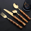24Pcs Bamboo Tableware Sets Stainless Steel Bamboo Cutlery Set Purely Natural Handle Flatware Set Dinnerware Steak Knife Cutlery.