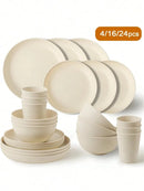 4/16/24pcs Plastic Dinnerware Set,  Reusable Cup, Plate And Bowl Set, Suitable For Camper, Camping, Picnic, Dormitory, Beige.
