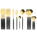 24-Piece Cutlery Set with Black Handles and Gold Details, Stainless Steel Knife, Fork, and Spoon, Table Cutlery, Kitchen Set, Dinnerware.