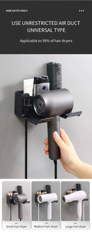 Non-drill wall-mounted hair dryer holder, for storing and placing a hair dryer in the bathroom, and multifunctional storage holder.