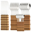 24Pcs Bamboo Tableware Sets Stainless Steel Bamboo Cutlery Set Purely Natural Handle Flatware Set Dinnerware Steak Knife Cutlery.