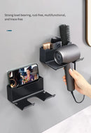 Non-drill wall-mounted hair dryer holder, for storing and placing a hair dryer in the bathroom, and multifunctional storage holder.