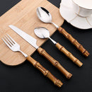 24Pcs Bamboo Tableware Sets Stainless Steel Bamboo Cutlery Set Purely Natural Handle Flatware Set Dinnerware Steak Knife Cutlery.