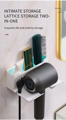 Non-drill wall-mounted hair dryer holder, for storing and placing a hair dryer in the bathroom, and multifunctional storage holder.