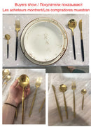 24-Piece Cutlery Set with Black Handles and Gold Details, Stainless Steel Knife, Fork, and Spoon, Table Cutlery, Kitchen Set, Dinnerware.