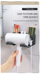 Non-drill wall-mounted hair dryer holder, for storing and placing a hair dryer in the bathroom, and multifunctional storage holder.