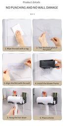 Non-drill wall-mounted hair dryer holder, for storing and placing a hair dryer in the bathroom, and multifunctional storage holder.